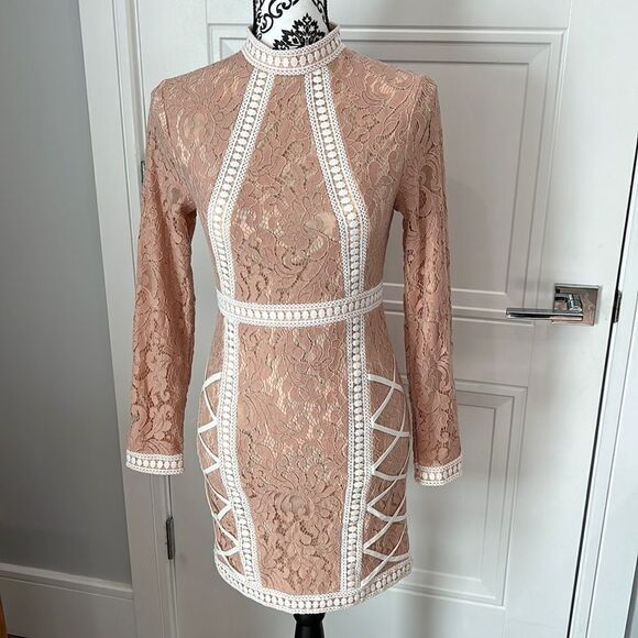 Pretty Little Thing Lace Lattice Detail Bodycon Dress Nude high neck 6 Gorgeous - Picture 1 of 7